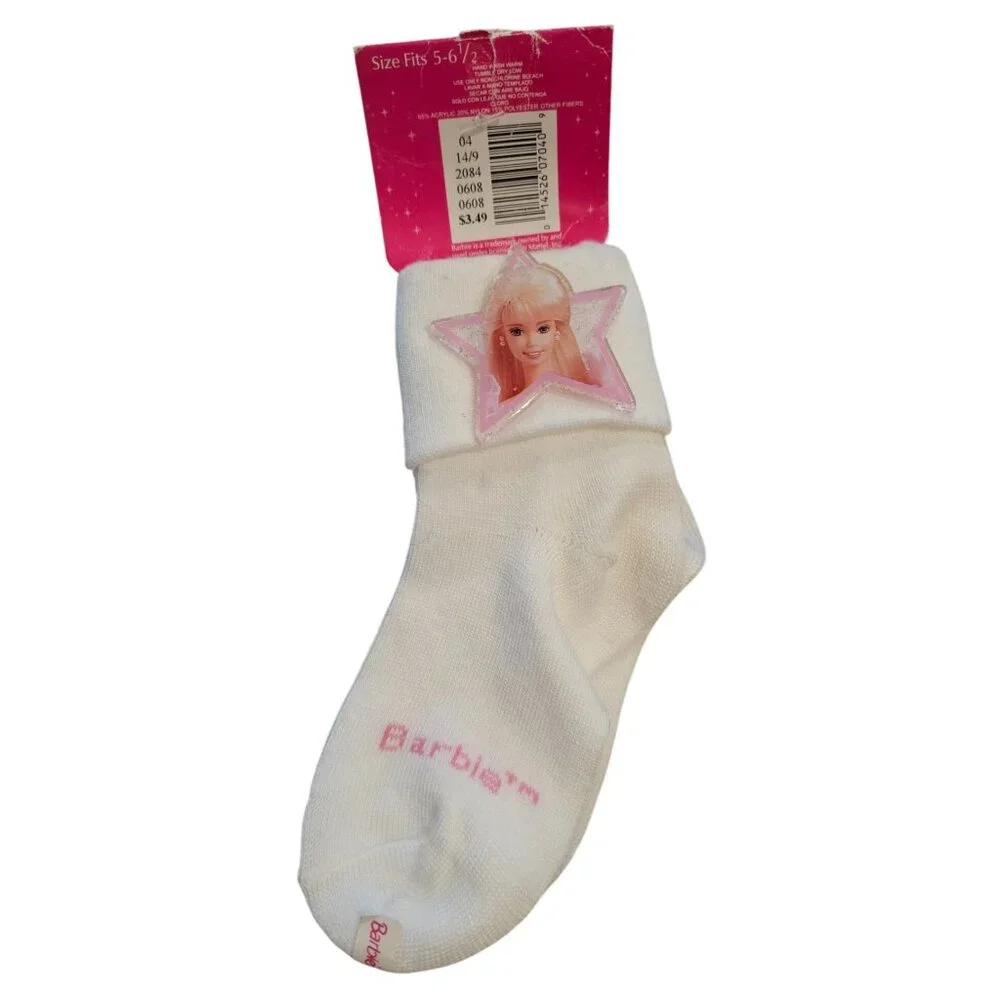 Barbie Vintage Star Glitter White Socks Girls Kids Fits Shoe Size 5 - 6.5 NEW